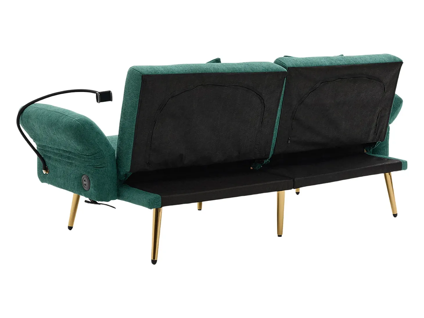 Sofá convertível verde esmeralda de 2 lugares com 2 portas USB, suporte para telemóvel e bolsos laterais 173x78x78cm