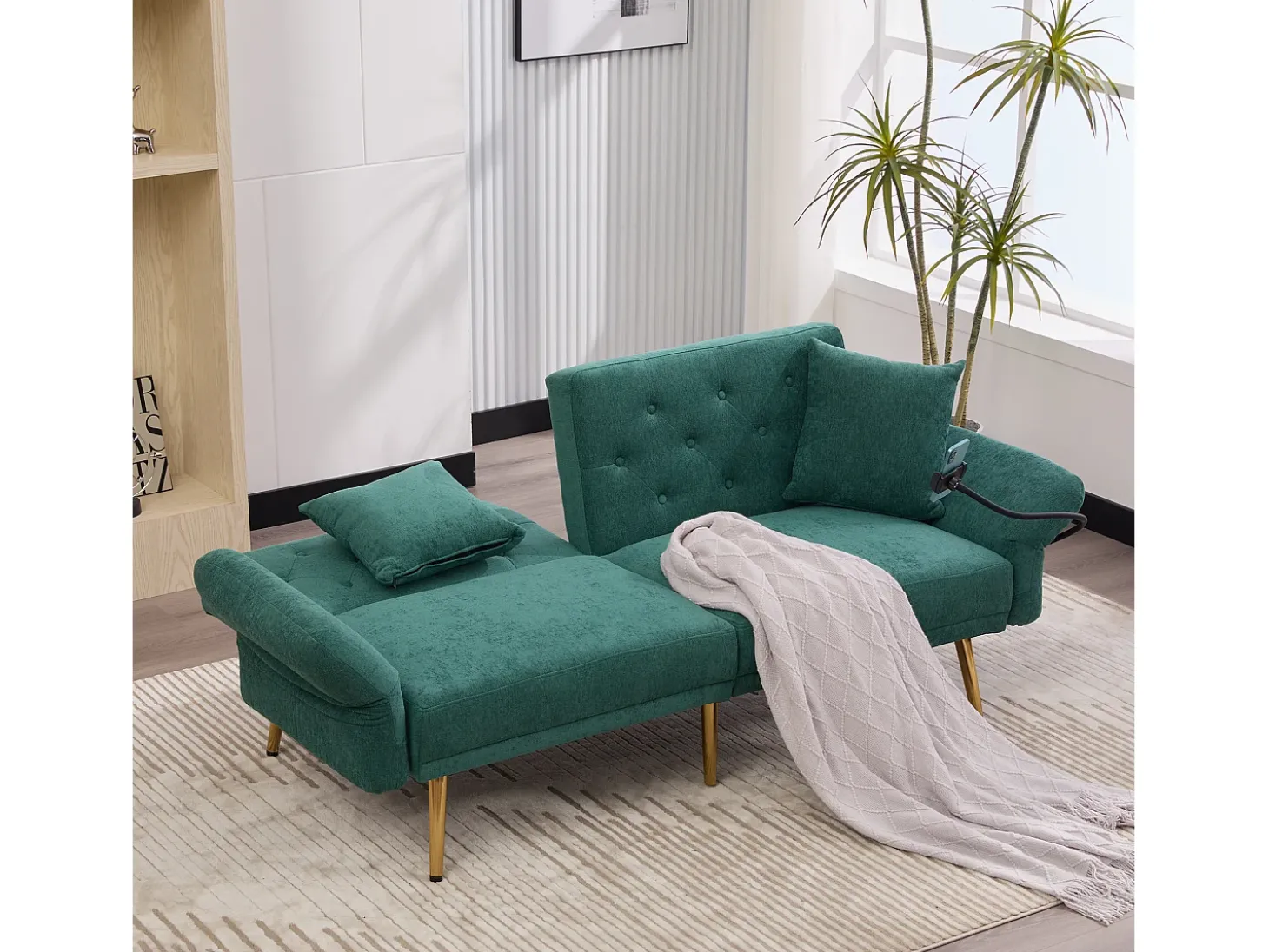 Sofá convertível verde esmeralda de 2 lugares com 2 portas USB, suporte para telemóvel e bolsos laterais 173x78x78cm