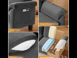 Sofá da sala de estar 2 Lugar em tecido de pista, sofá moderno no meio do século, com bolsa de armazenamento, 178x75x87cm, cinza