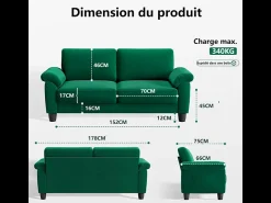 Sofá da sala de estar 2 Lugar em tecido de pista, sofá moderno no meio do século, com bolsa de armazenamento, 178x75x87cm, verde