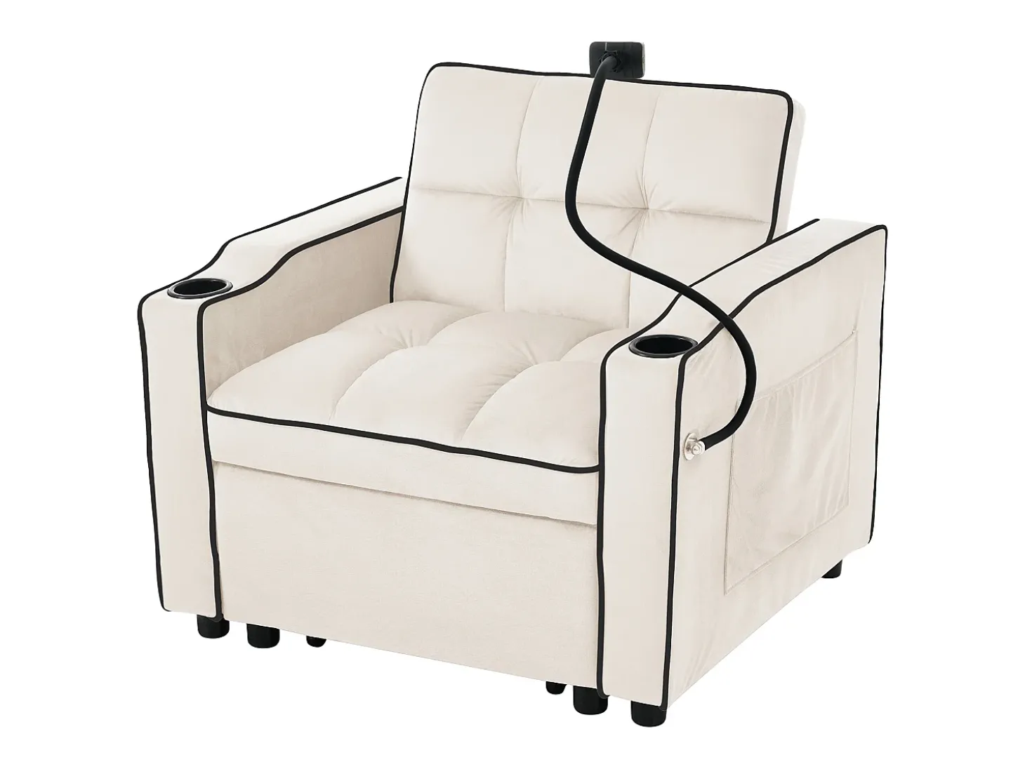 Sofá de 1 lugar - Poltrona com suporte para copos e suporte para telemóvel - veludo bege