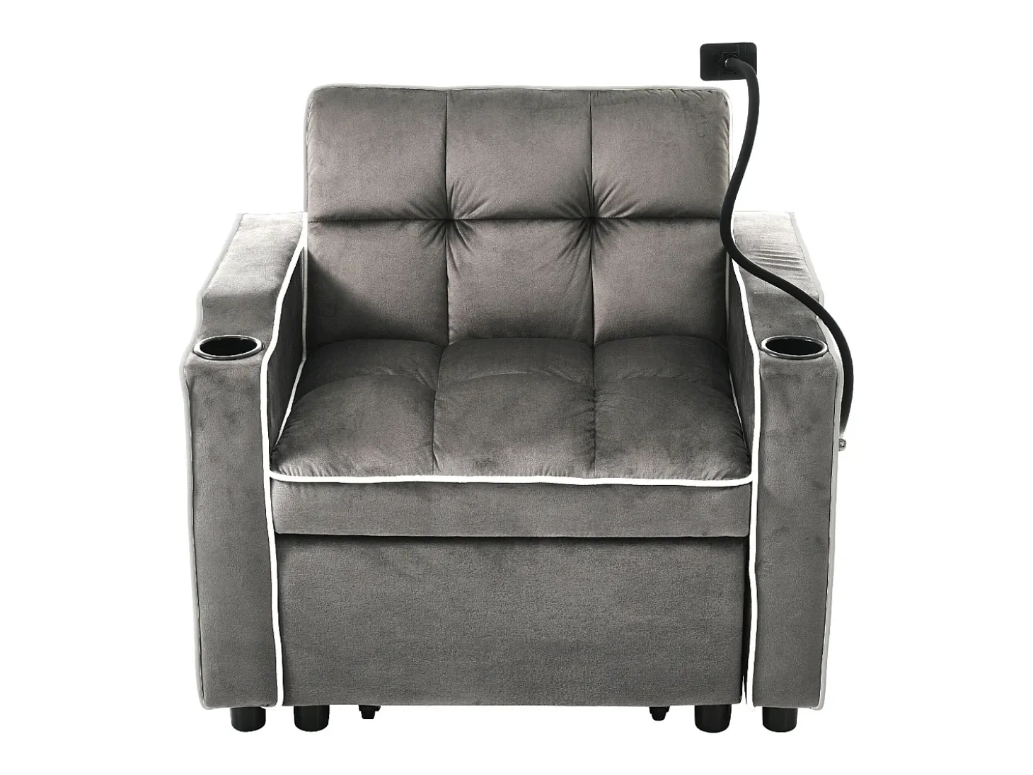 Sofá de 1 lugar - Poltrona com suporte para copos e suporte para telemóvel - veludo cinza escuro