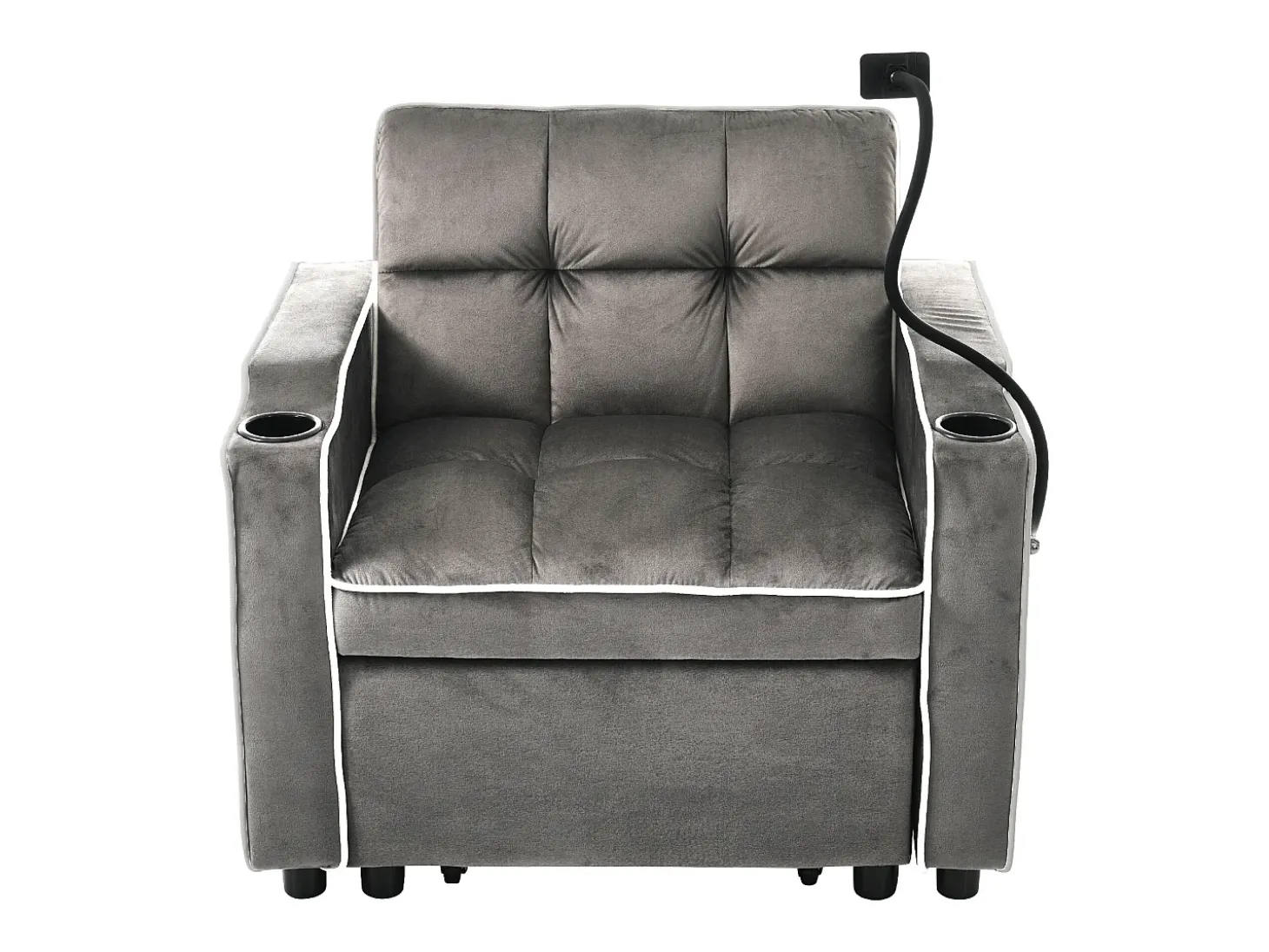 Sofá de 1 lugar - Poltrona com suporte para copos e suporte para telemóvel - veludo cinza escuro