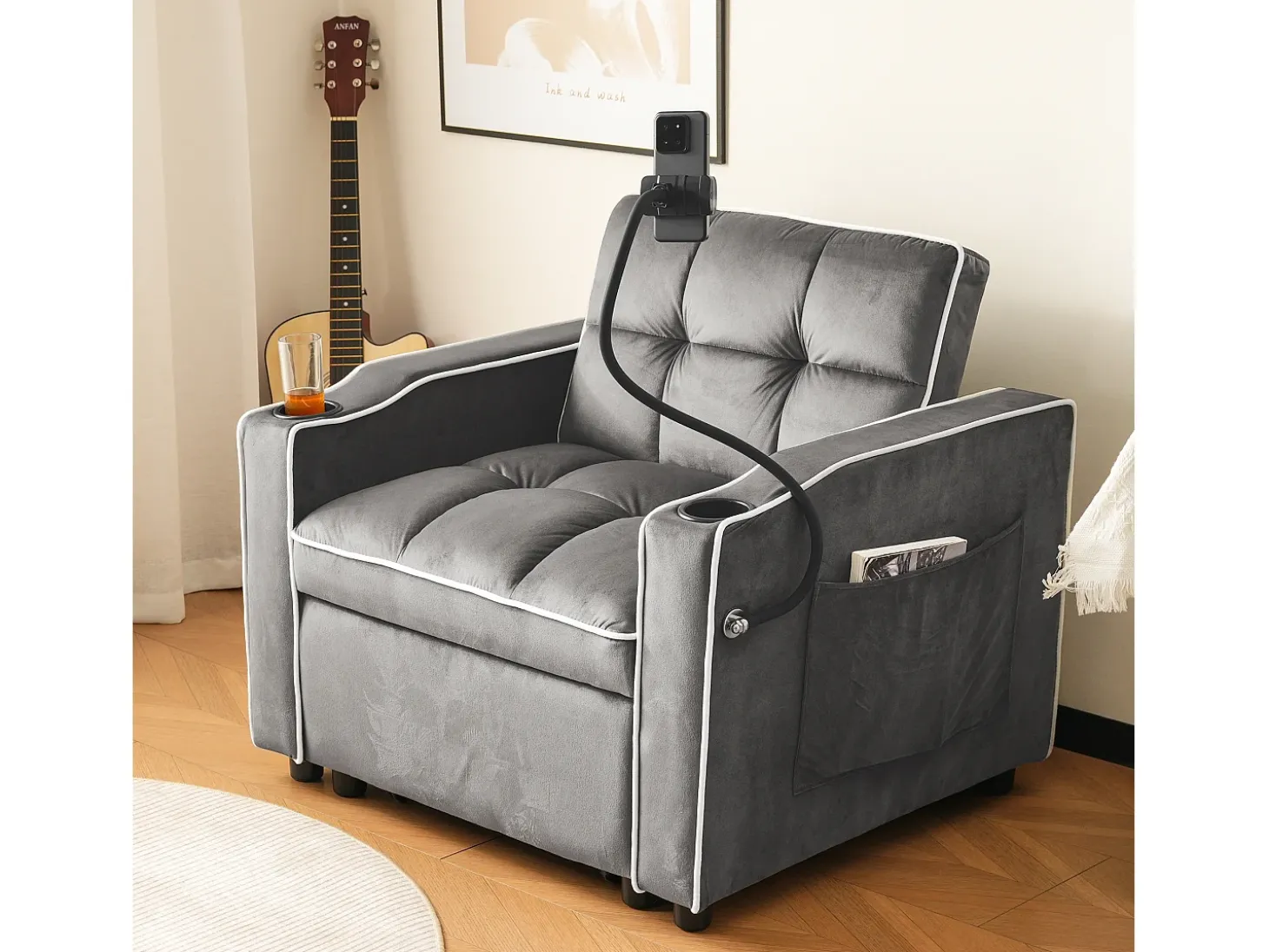 Sofá de 1 lugar - Poltrona com suporte para copos e suporte para telemóvel - veludo cinza escuro