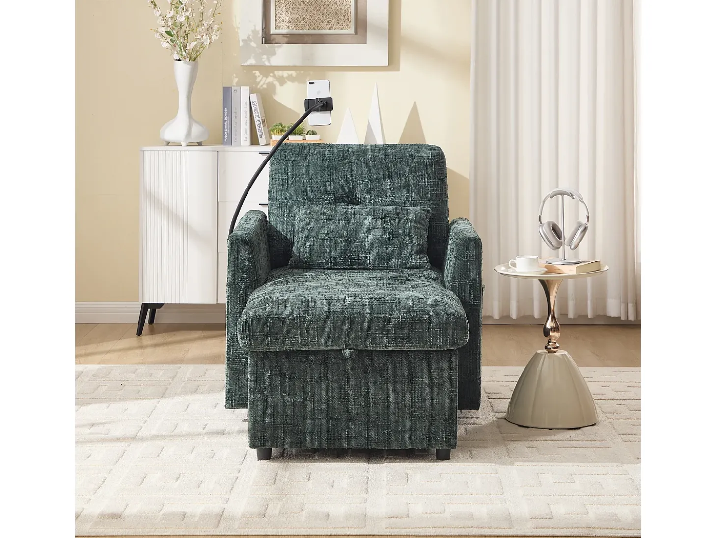 Sofá de 1 lugar com 2 bolsos laterais - Sofá para sala de estar com suporte para telemóvel e compartimento oculto - chenille verde