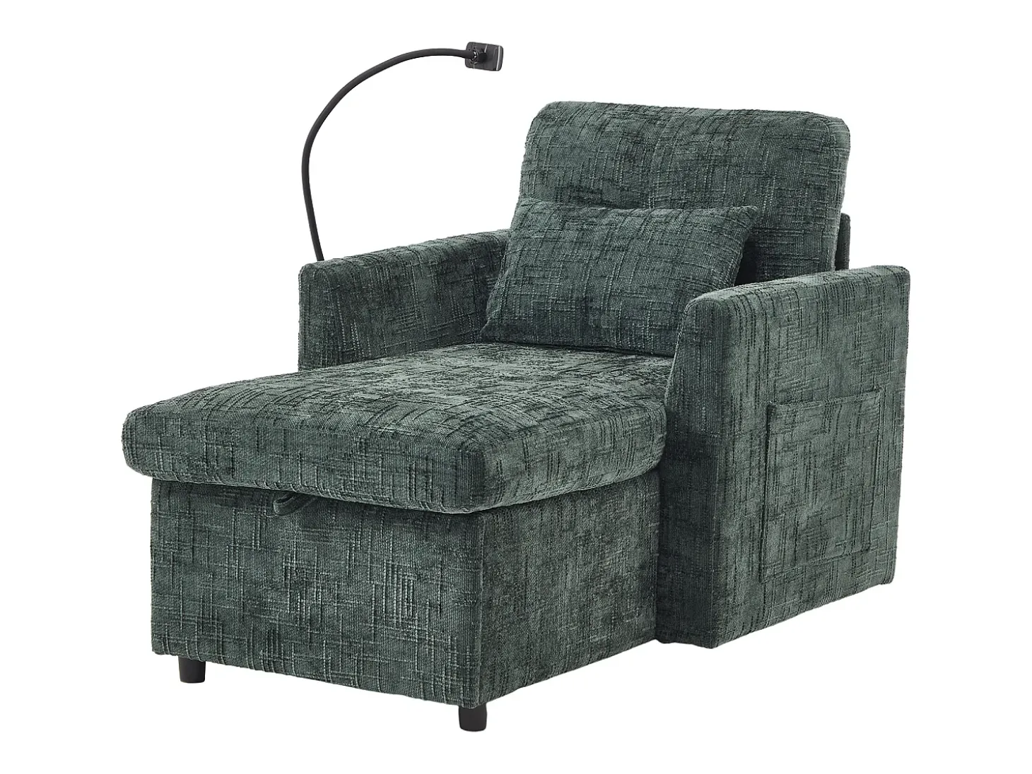 Sofá de 1 lugar com 2 bolsos laterais - Sofá para sala de estar com suporte para telemóvel e compartimento oculto - chenille verde