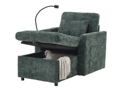 Sofá de 1 lugar com 2 bolsos laterais - Sofá para sala de estar com suporte para telemóvel e compartimento oculto - chenille verde