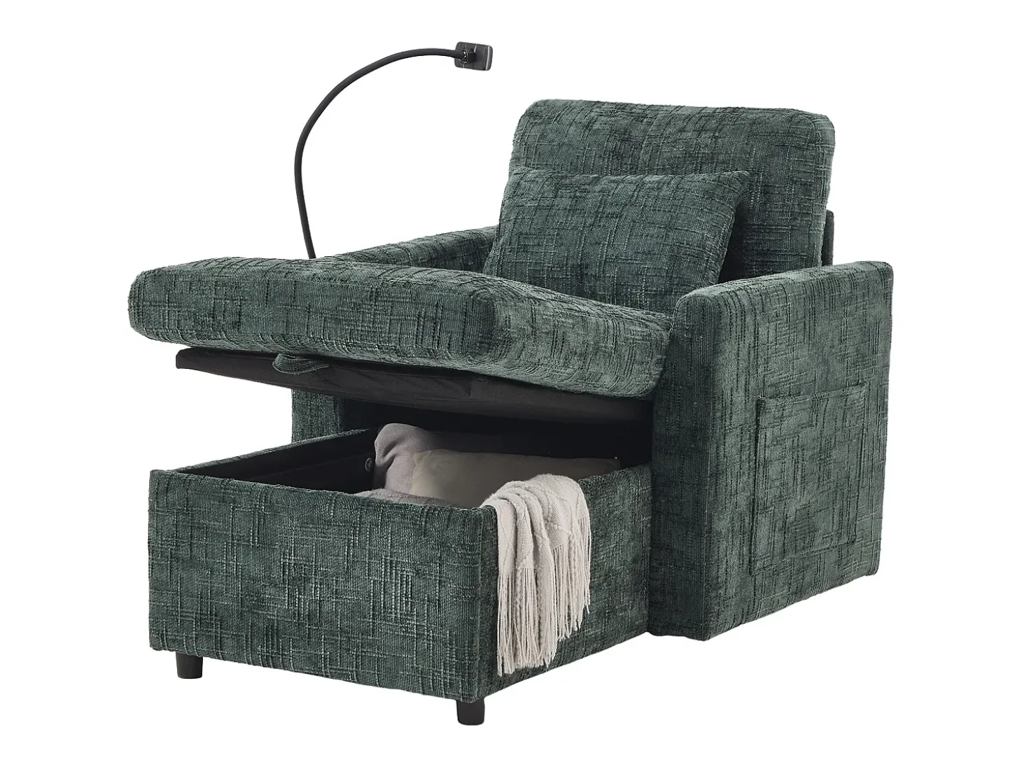 Sofá de 1 lugar com 2 bolsos laterais - Sofá para sala de estar com suporte para telemóvel e compartimento oculto - chenille verde