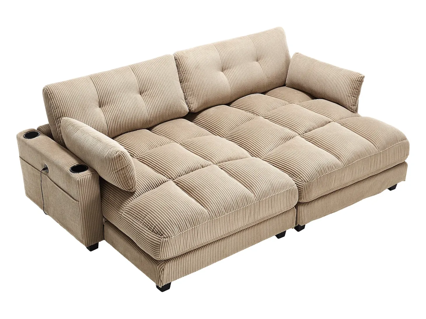 Sofá de 1 lugar com braços - Sofá de relaxamento com 2 bases para copos e bolsos laterais - bombazine caqui