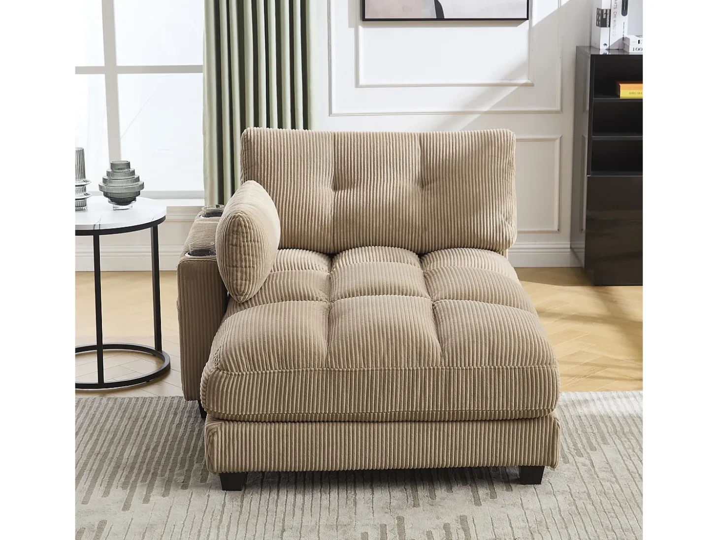Sofá de 1 lugar com braços - Sofá de relaxamento com 2 bases para copos e bolsos laterais - bombazine caqui