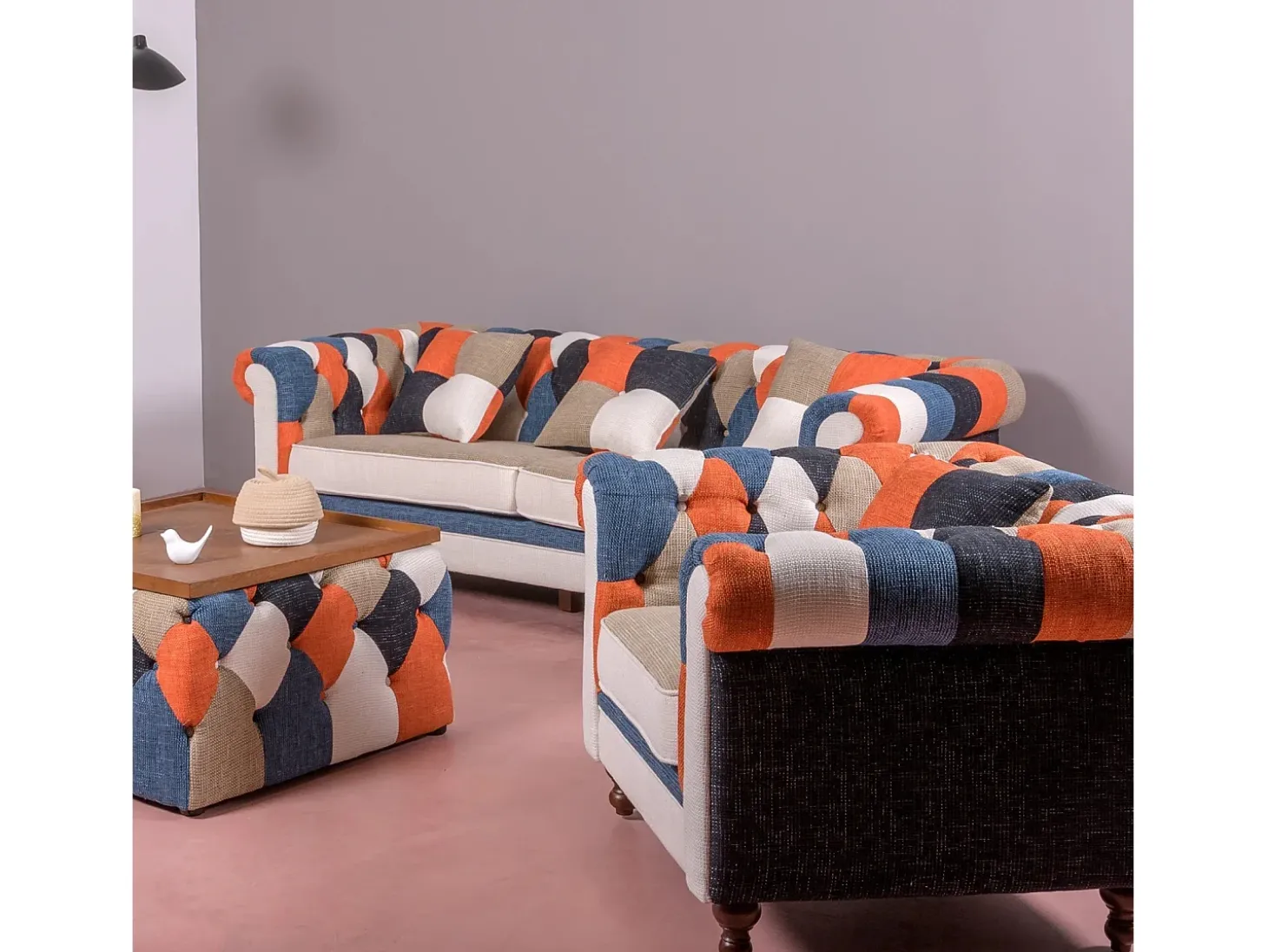 Sofá de 1 lugar estofado em patchwork - Chesterfield - Retalhos