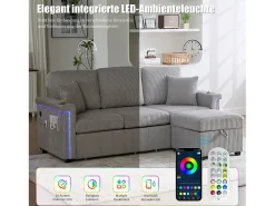 Sofá de 4 lugares - 194 x 73 x 81 cm - com LEDs + USB + apoio para os pés com armazenamento + 2 gavetas - Veludo - cinza claro