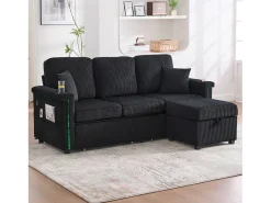 Sofá de 4 lugares - 194 x 73 x 81 cm - com LEDs + USB + apoio para os pés com armazenamento + 2 gavetas - Veludo - preto