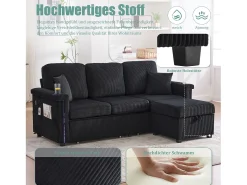 Sofá de 4 lugares - 194 x 73 x 81 cm - com LEDs + USB + apoio para os pés com armazenamento + 2 gavetas - Veludo - preto