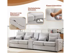 Sofá de 4 lugares - 290 x 83 x 88 cm - com 2 porta-copos, 2 portas USB, 2 bolsos e 4 almofadas - Tecido de linho - Cinza