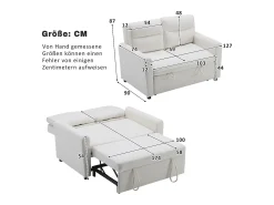 Sofá de 2 lugares - 127 x 90 x 87 cm - Sofá-cama retrátil + encosto ajustável + almofadas - veludo - bege