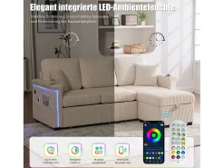 Sofá de 4 lugares - 194 x 73 x 81 cm - com LEDs + USB + apoio para os pés com armazenamento + 2 gavetas - Veludo - bege