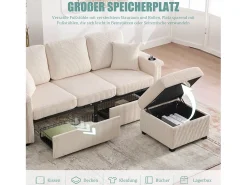 Sofá de 4 lugares - 194 x 73 x 81 cm - com LEDs + USB + apoio para os pés com armazenamento + 2 gavetas - Veludo - bege