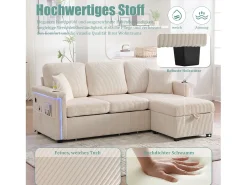 Sofá de 4 lugares - 194 x 73 x 81 cm - com LEDs + USB + apoio para os pés com armazenamento + 2 gavetas - Veludo - bege
