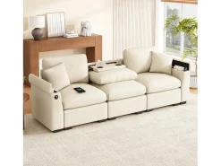 Sofá de 3 lugares - 242 x 88 x 80 cm - com mesa dobrável + porta USB + espaço de armazenamento oculto - veludo - bege