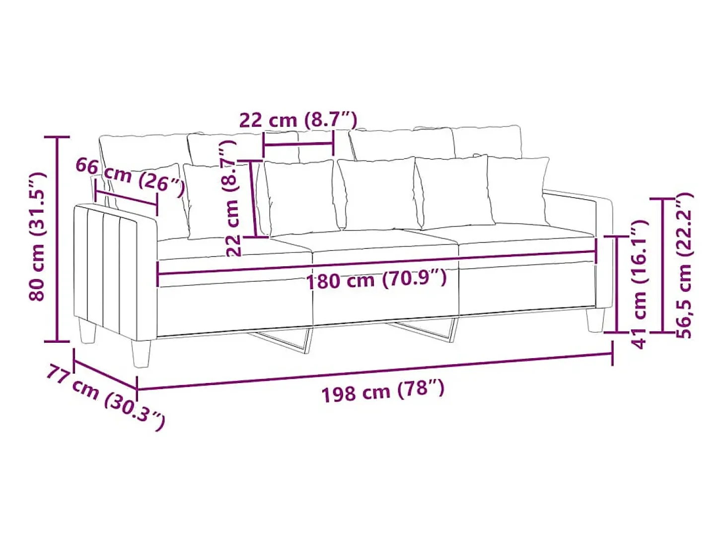 Sofá de 3 lugares 180 cm tecido cinza-escuro