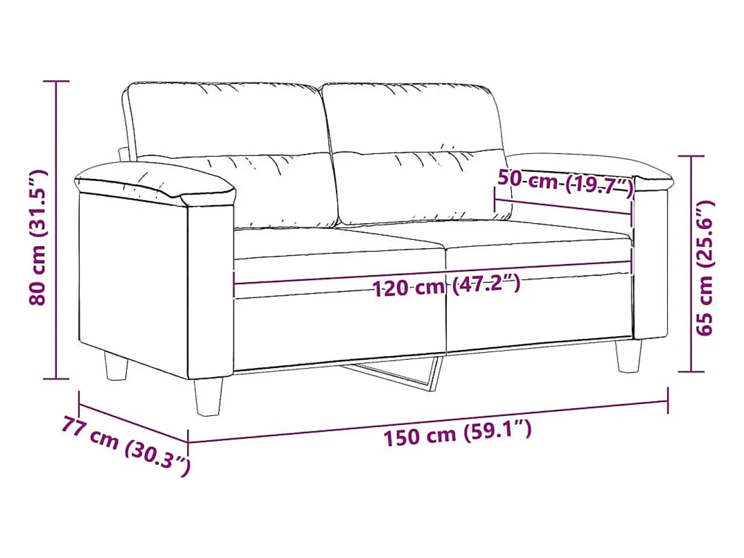 Sofá de 2 lugares 120 cm tecido de microfibra cor creme