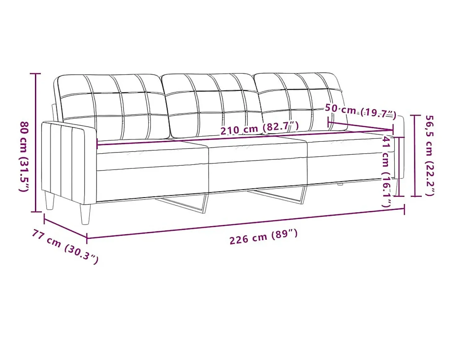Sofá de 3 lugares 210 cm veludo cor creme