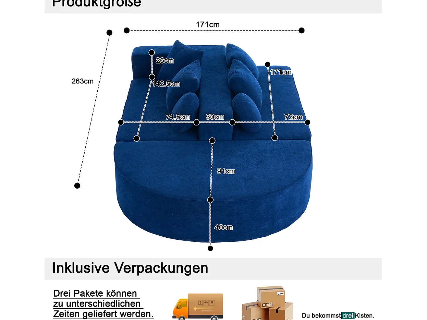 Sofá de 5 lugares – Sofá segmentado com 6 almofadas e apoios de braços – chenille azul