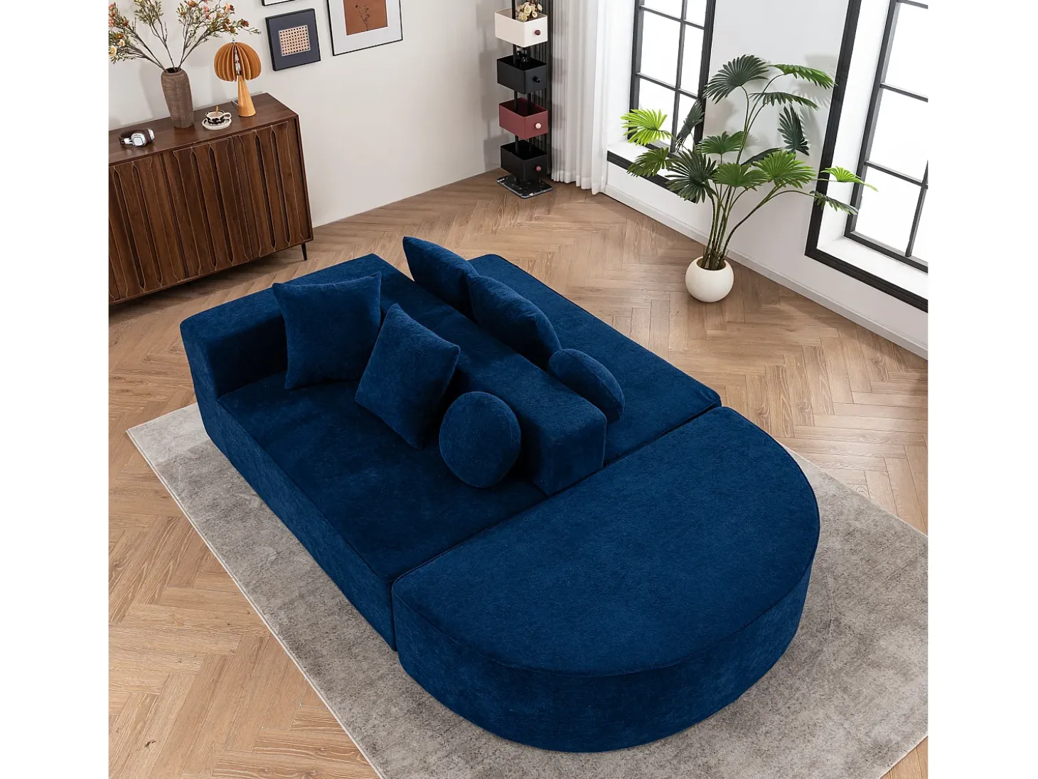 Sofá de 5 lugares – Sofá segmentado com 6 almofadas e apoios de braços – chenille azul