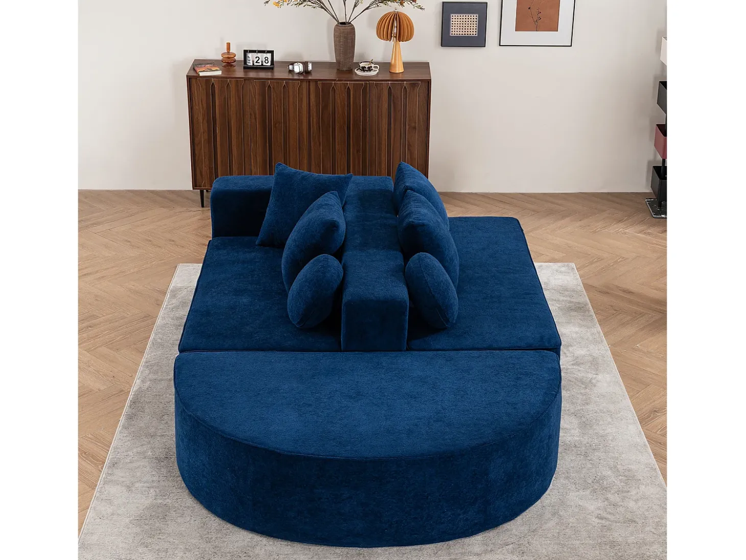 Sofá de 5 lugares – Sofá segmentado com 6 almofadas e apoios de braços – chenille azul
