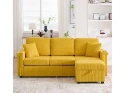 Sofá de 4 lugares amarelo - Sofá de canto com iluminação LED e apoio para os pés com compartimento - suporte para copos e bolsos laterais - bombazine