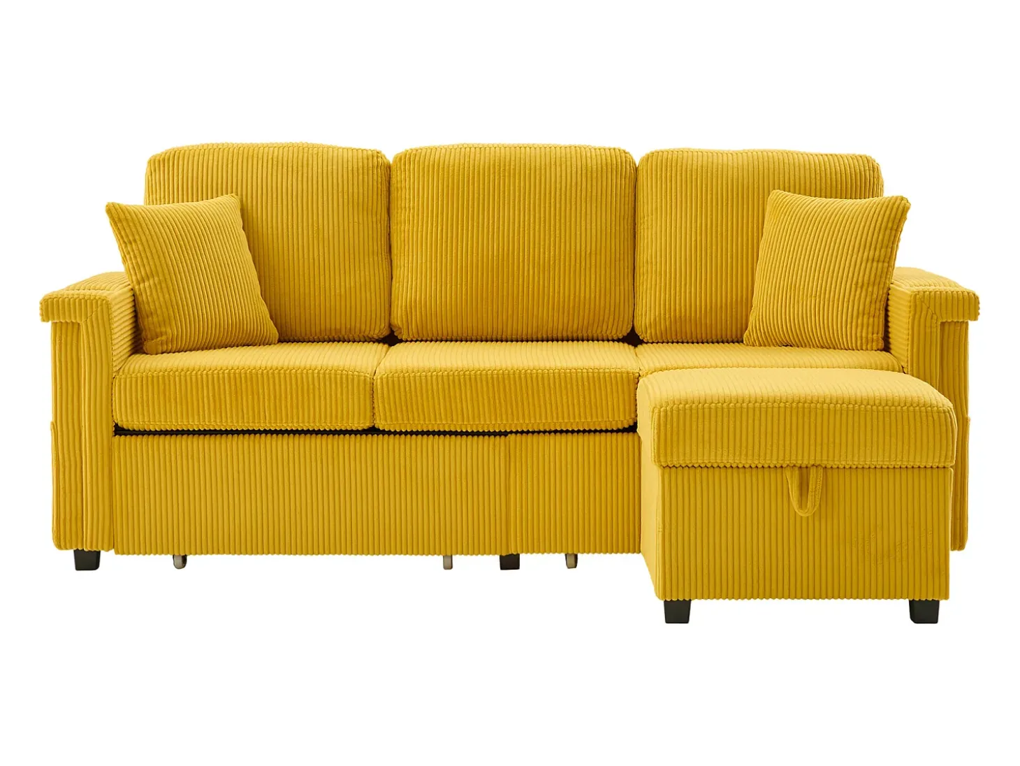 Sofá de 4 lugares amarelo - Sofá de canto com iluminação LED e apoio para os pés com compartimento - suporte para copos e bolsos laterais - bombazine
