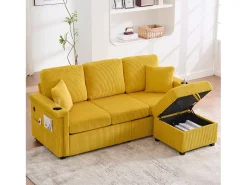 Sofá de 4 lugares amarelo - Sofá de canto com iluminação LED e apoio para os pés com compartimento - suporte para copos e bolsos laterais - bombazine