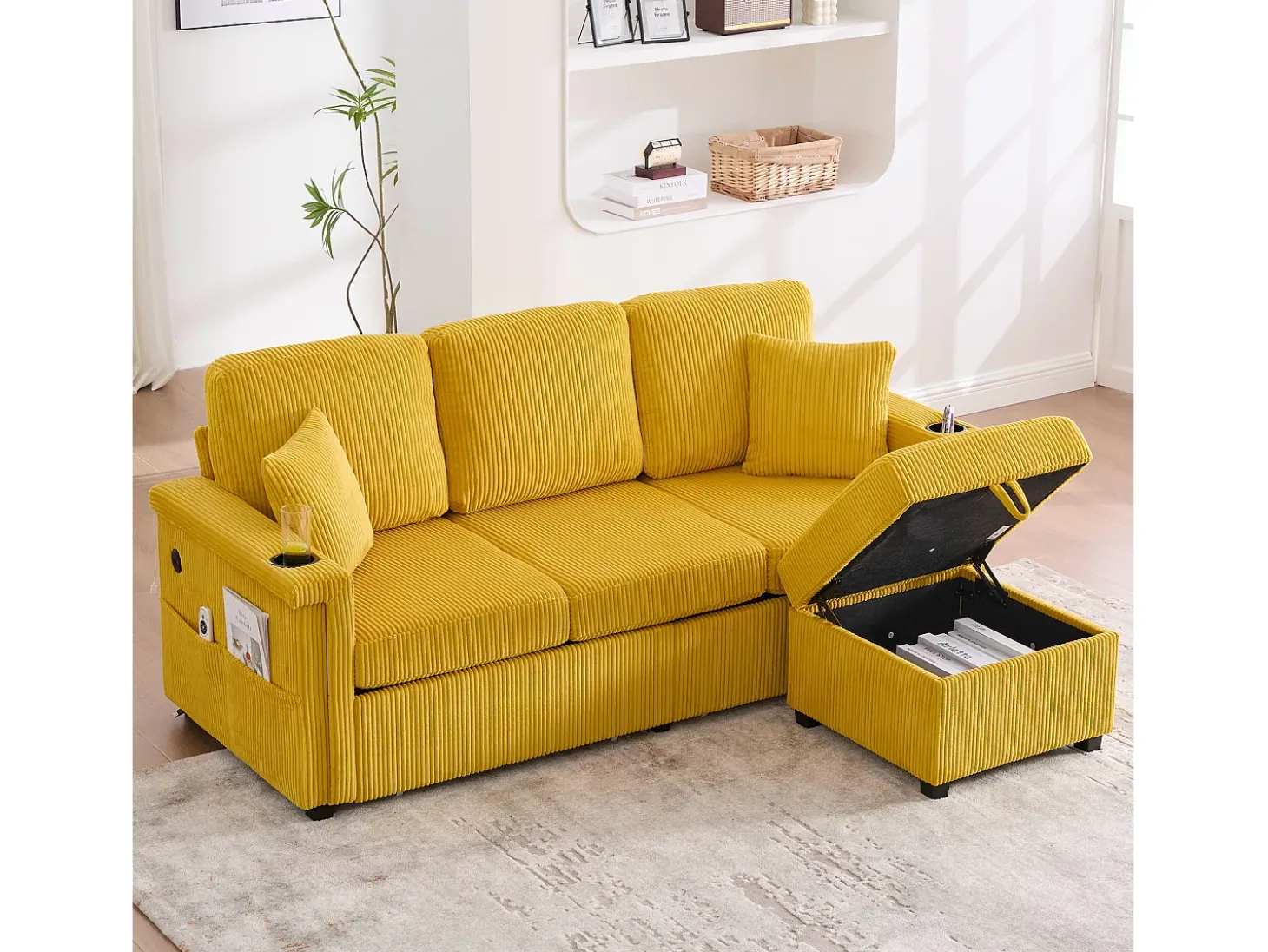 Sofá de 4 lugares amarelo - Sofá de canto com iluminação LED e apoio para os pés com compartimento - suporte para copos e bolsos laterais - bombazine