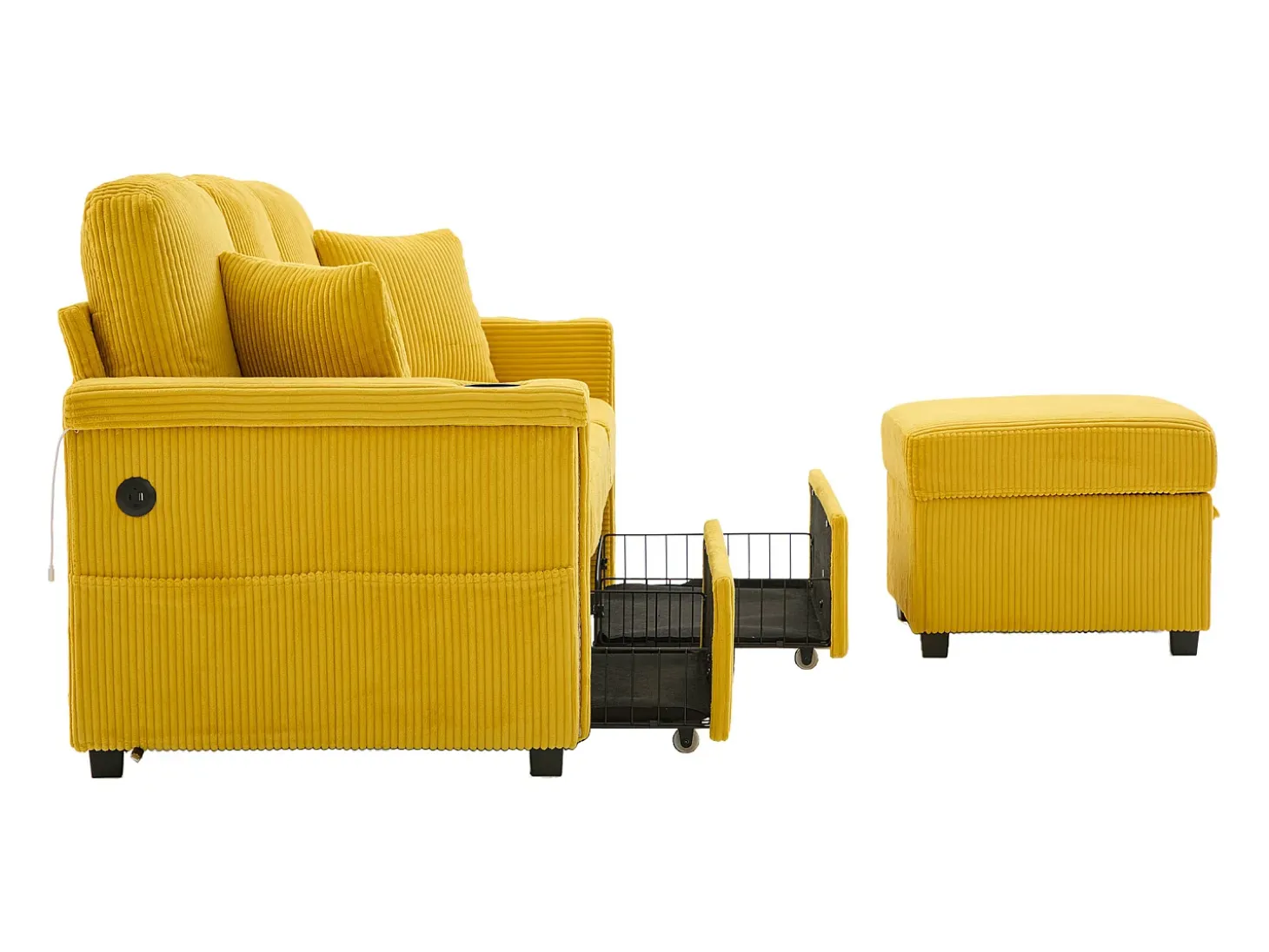 Sofá de 4 lugares amarelo - Sofá de canto com iluminação LED e apoio para os pés com compartimento - suporte para copos e bolsos laterais - bombazine