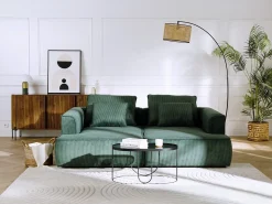 Sofá de 3 lugares assento profundo em veludo canelado verde design PINETA