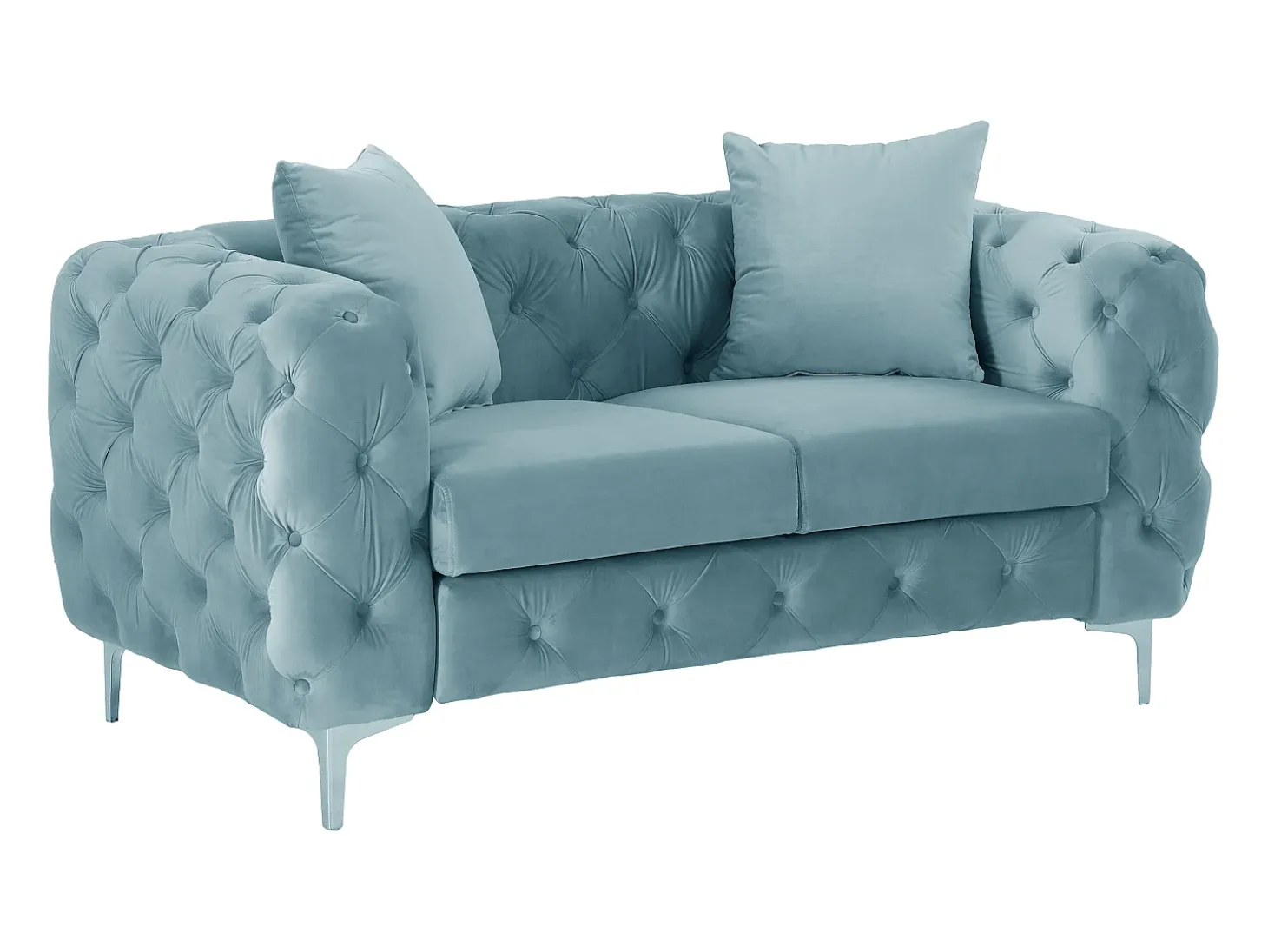 Sofá de 2 lugares chesterfield em veludo azul pastel e pés em metal EDWINA