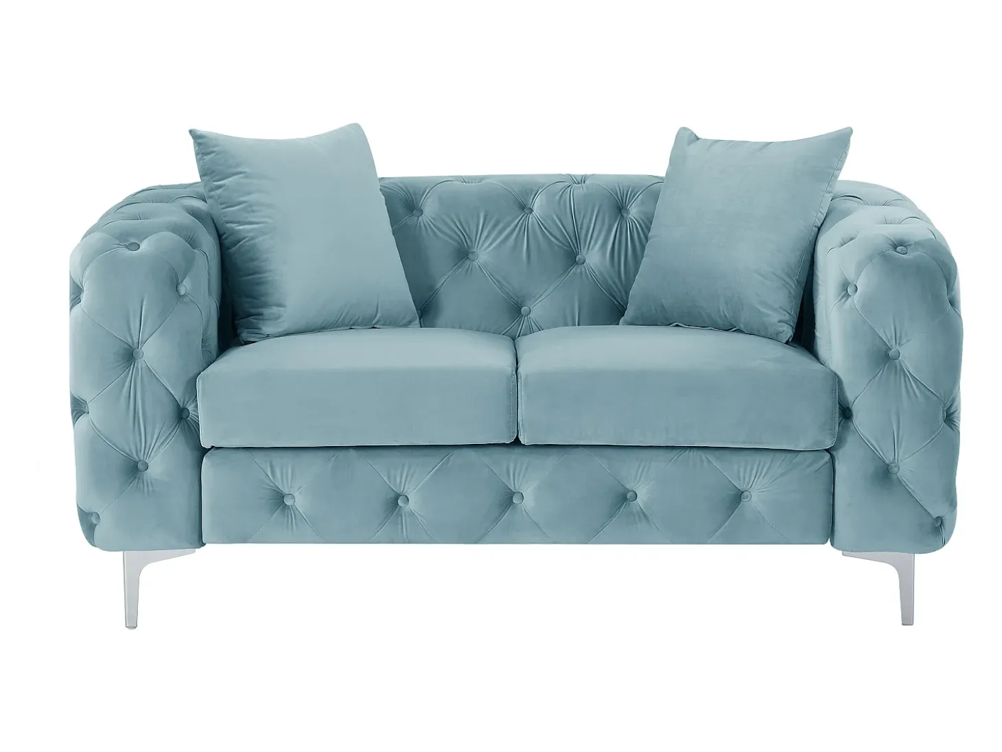 Sofá de 2 lugares chesterfield em veludo azul pastel e pés em metal EDWINA