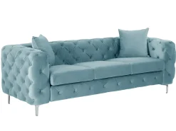 Sofá de 3 lugares chesterfield em veludo azul pastel e pés em metal EDWINA