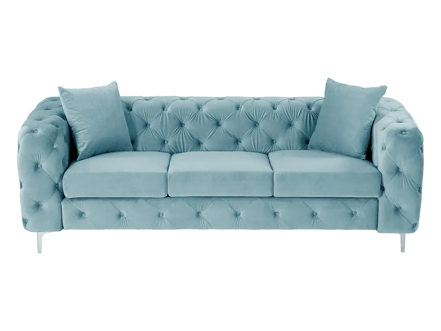 Sofá de 3 lugares chesterfield em veludo azul pastel e pés em metal EDWINA
