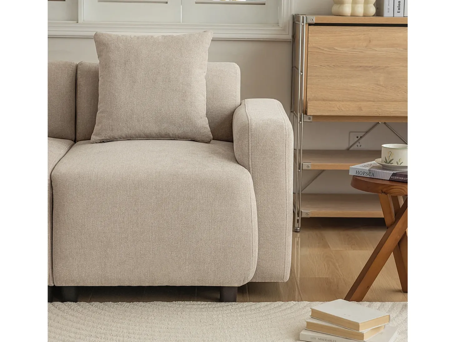 Sofá de 3 lugares com 2 almofadas - 211 x 67 x 71 cm - Tecido Chenille - Bege