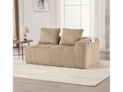 Sofá de 2 lugares com almofada e bolso lateral - Veludo cotelê - Cor caqui