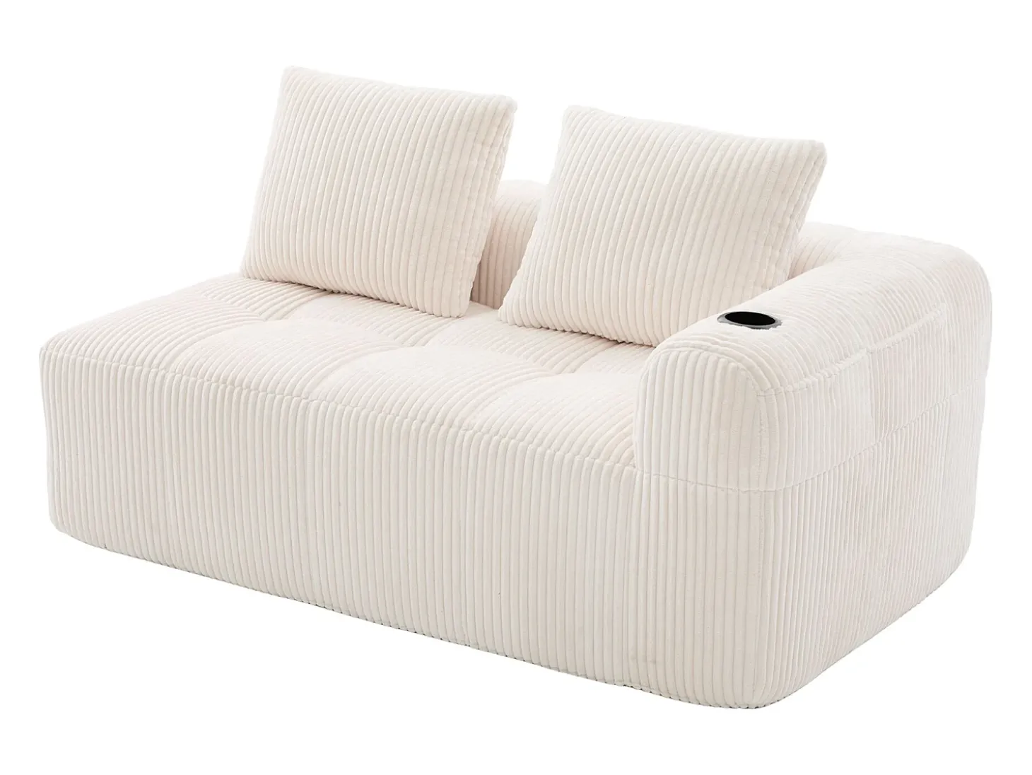 Sofá de 2 lugares com almofada e bolso lateral - Veludo Cotelê - Bege