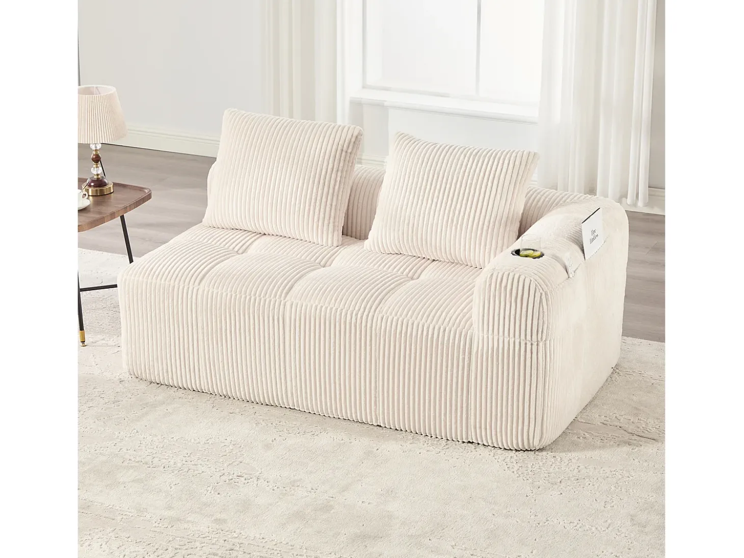 Sofá de 2 lugares com almofada e bolso lateral - Veludo Cotelê - Bege