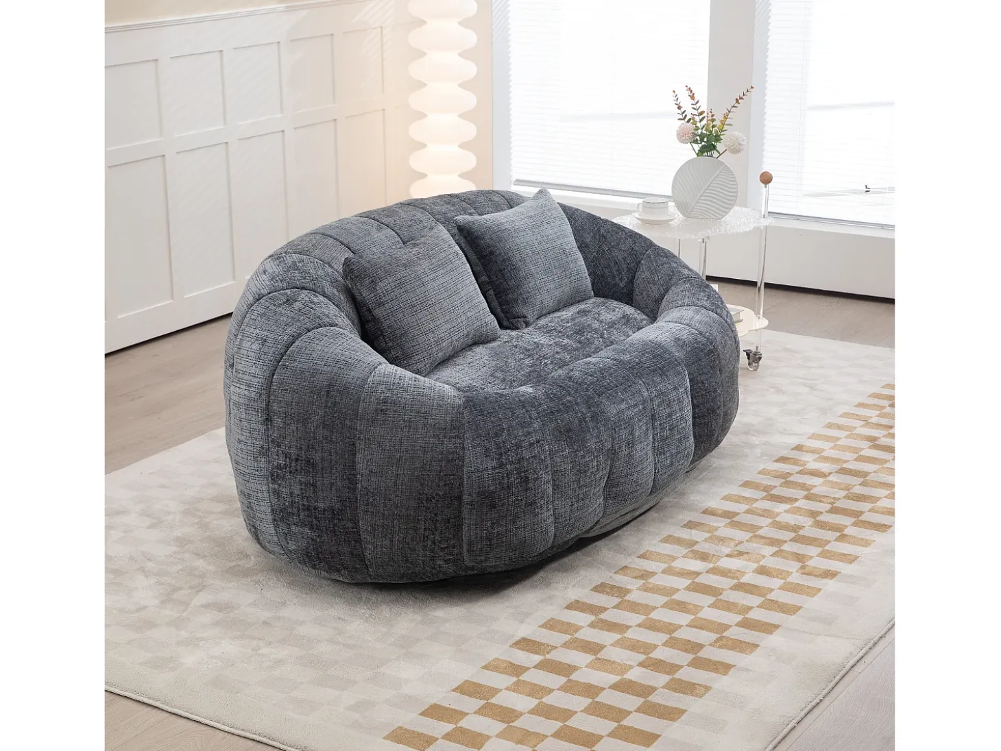 Sofá de 2 lugares com almofada - Sofá para adultos e crianças - Tecido chenille cinzento
