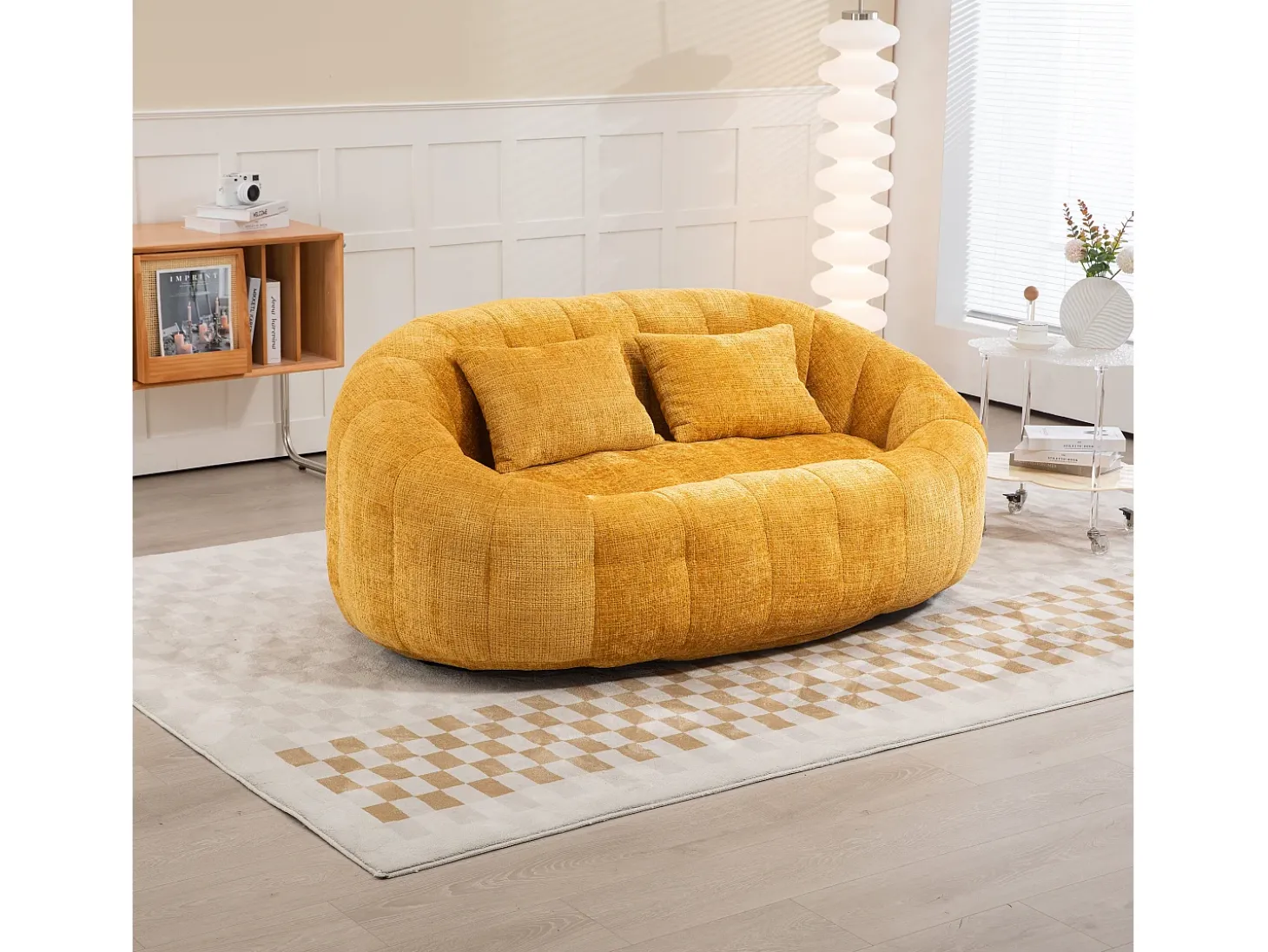 Sofá de 2 lugares com almofada - Sofá para adultos e crianças - Tecido de chenille amarelo