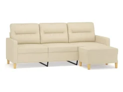 Sofá de 3 lugares com apoio de pés 180 cm tecido cor creme