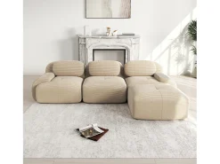 Sofá de 3 lugares com apoio para os pés e almofadas - Veludo Cotelê - Bege, sem necessidade de montagem