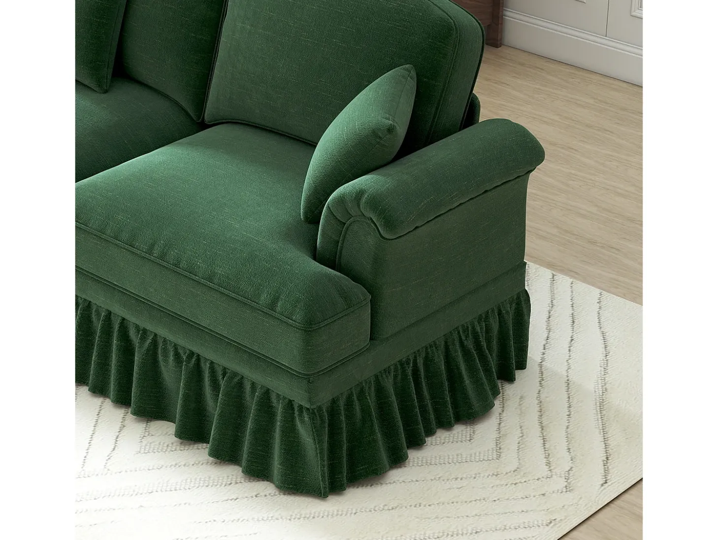 Sofá de 2 lugares com apoio lombar e saia plissada removível - Tecido chenille - Verde