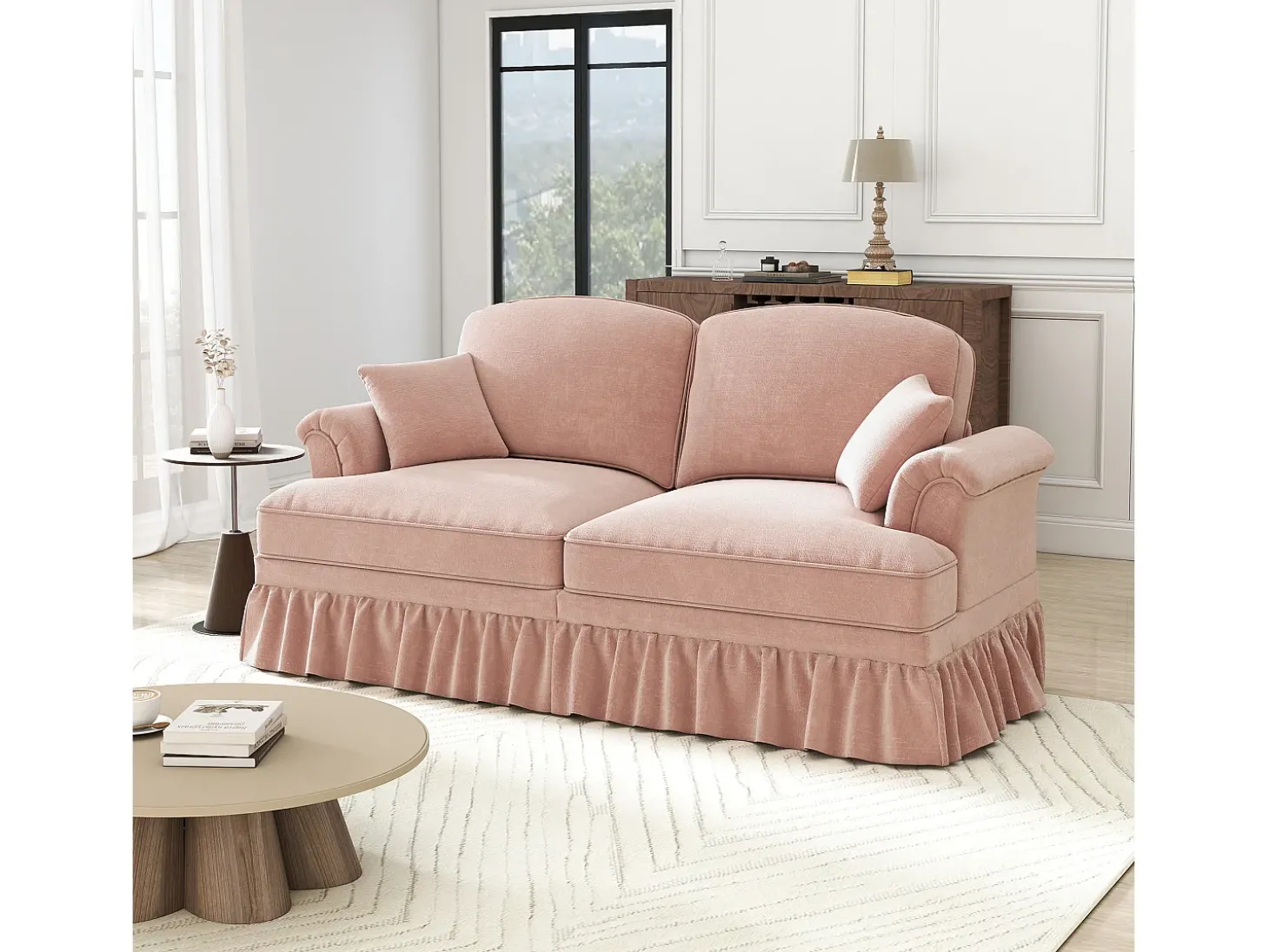 Sofá de 2 lugares com apoio lombar e saia plissada removível - Tecido chenille - Rosa